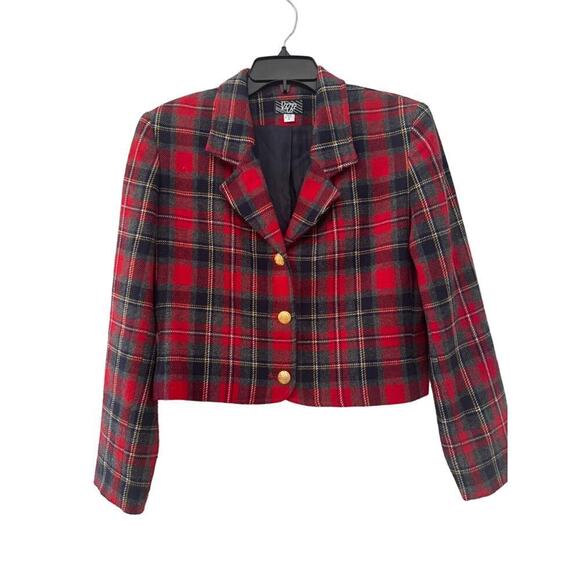 American vintage Jackets & Blazers - 1990s Vintage KGR Red & Black Plaid Wool Blazer Retro Gold Buttons Small Medium